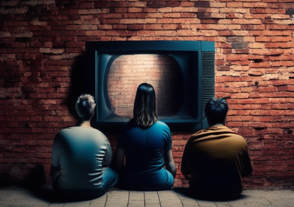 3 people watching a TV on a brick wall